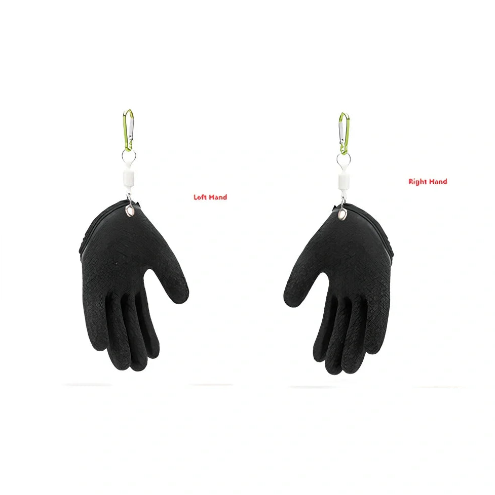 Purple anti-slip fishing gloves with latex coating and magnetic clip for puncture protection in left or right hand, 25cm length