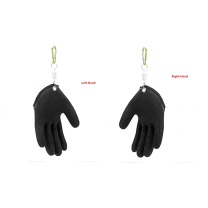 Purple anti-slip fishing gloves with latex coating and magnetic clip for puncture protection in left or right hand, 25cm length