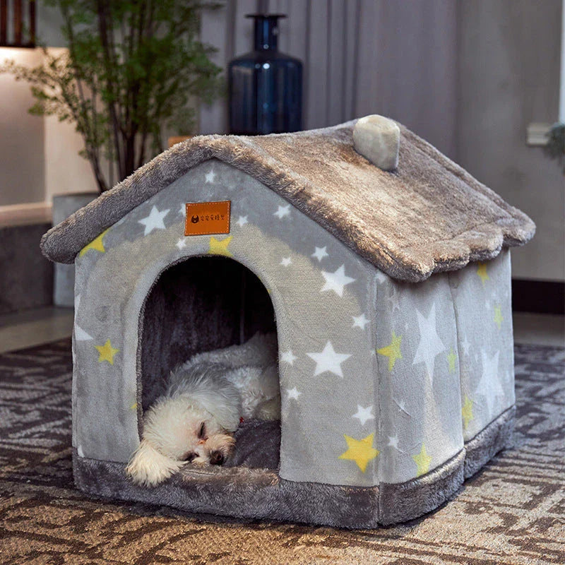 Cozy Pet Cave: Foldable plush dog house with warm removable cushion in various color options