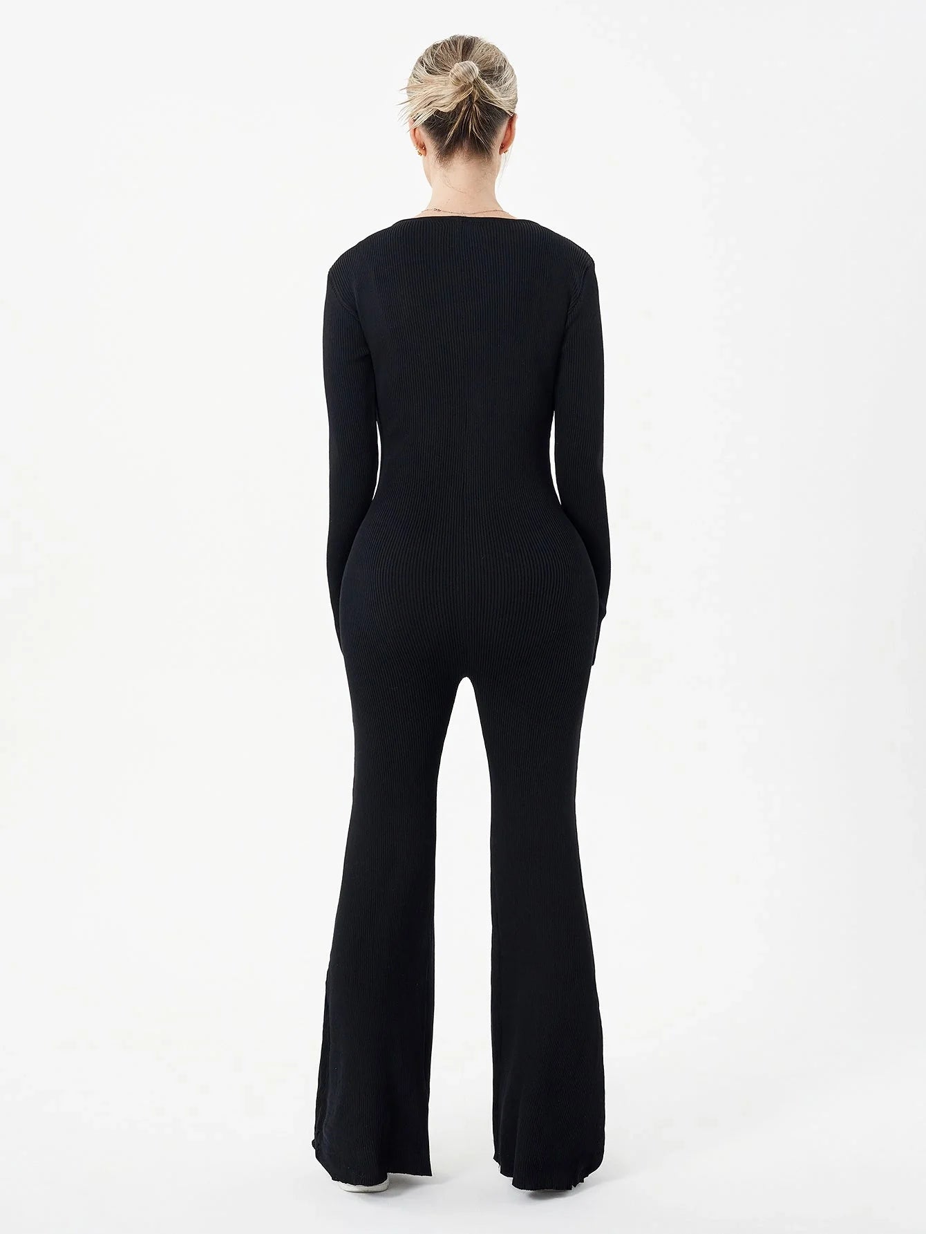 Zippered round neck flared trousers in black, white, khaki, and brown