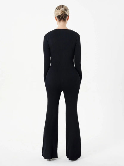 Zippered round neck flared trousers in black, white, khaki, and brown