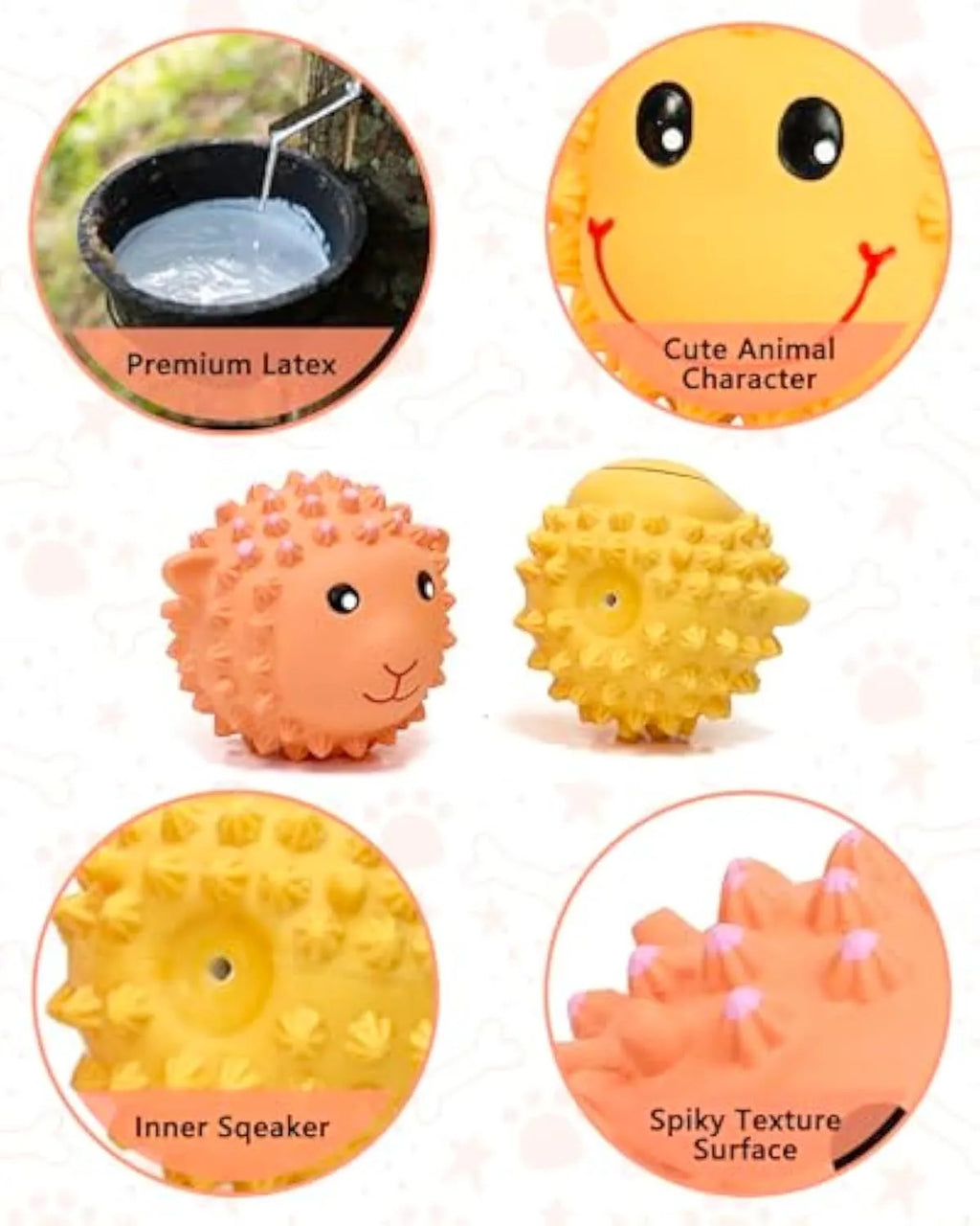 Orange and yellow latex squeaky dog toy with spiky texture for teeth cleaning