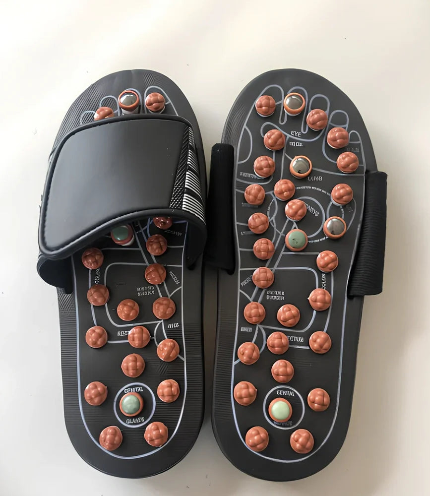 Black adjustable Velcro massage slippers with 2.5cm thick rubber sole for hiking, rotating bottom reduces foot irritation