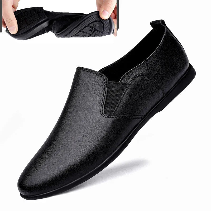 Men's black leather business casual shoes with round toe design