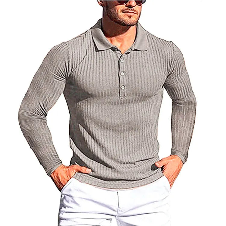 Man wearing a slim-fit striped short-sleeve t-shirt in khaki, showing the loose crew neck design.
