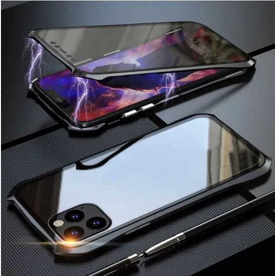 Metal back protective cover for iPhone 11 in black, red, blue, and silver colour options.