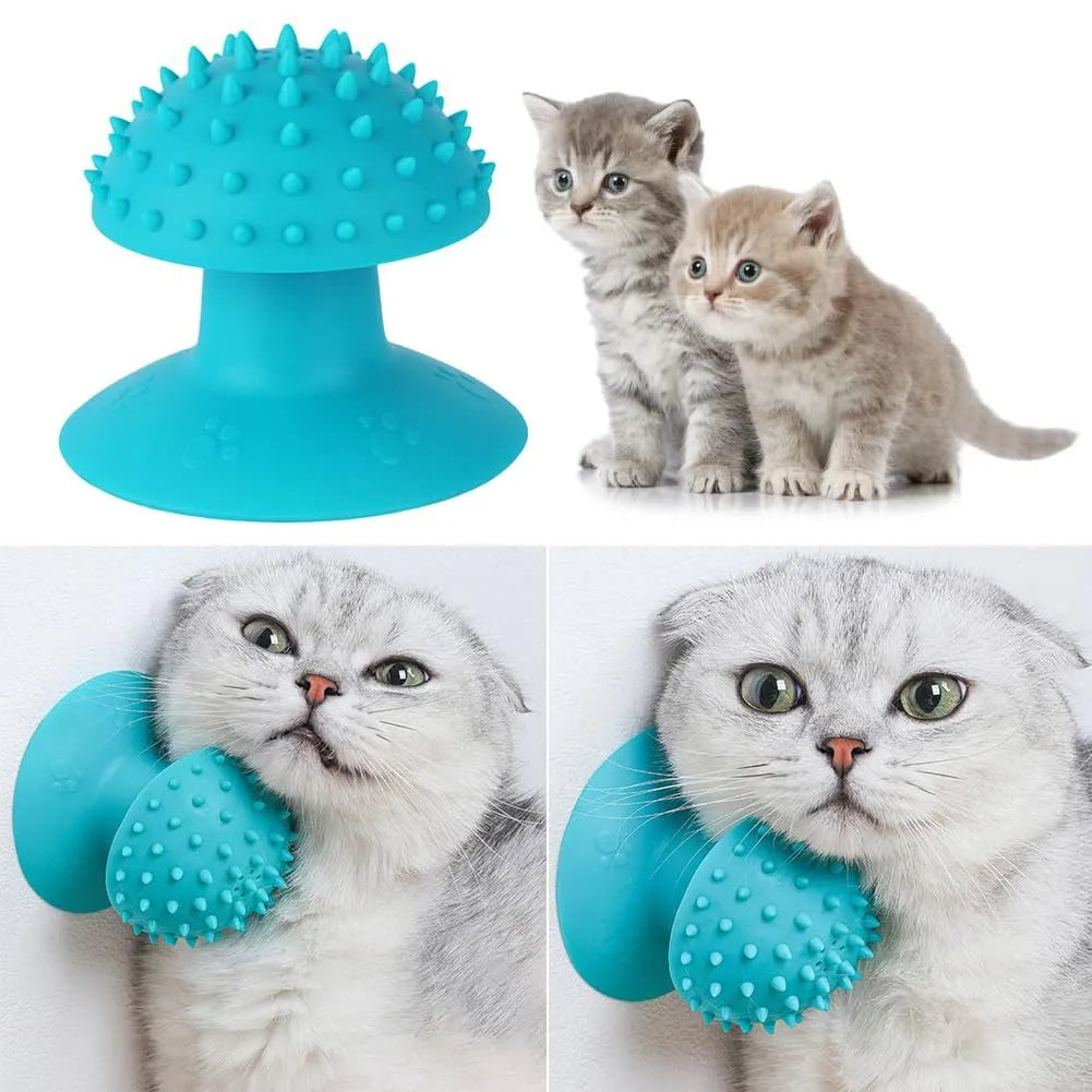 Blue cat self groomer mounted on wall with brush head and cat mint compartment