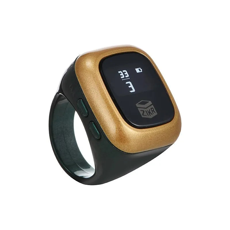 Al-fatiha Zikr electronic counter on wrist showing digital display, available in black, rose gold, silver, wine red, green.