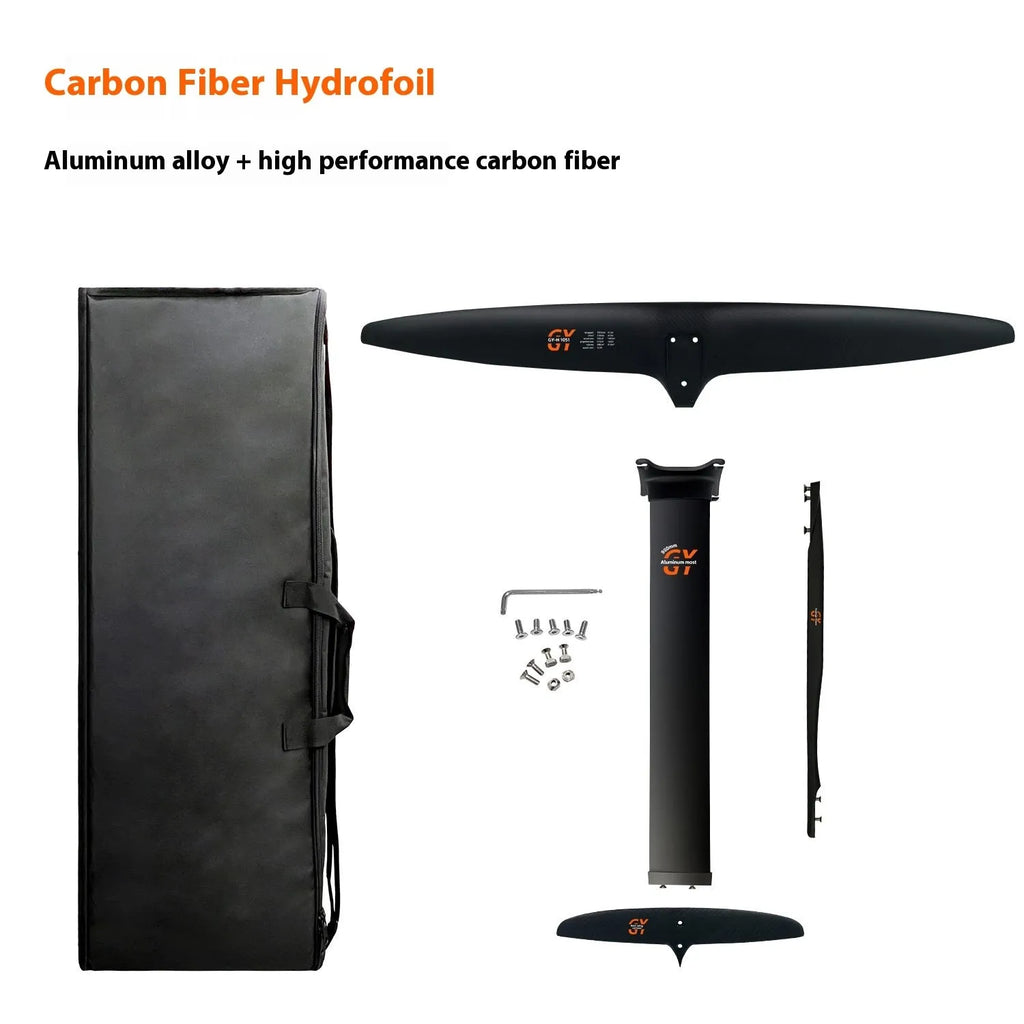 Black carbon fibre hydrofoil surfboard with aluminium racing wing