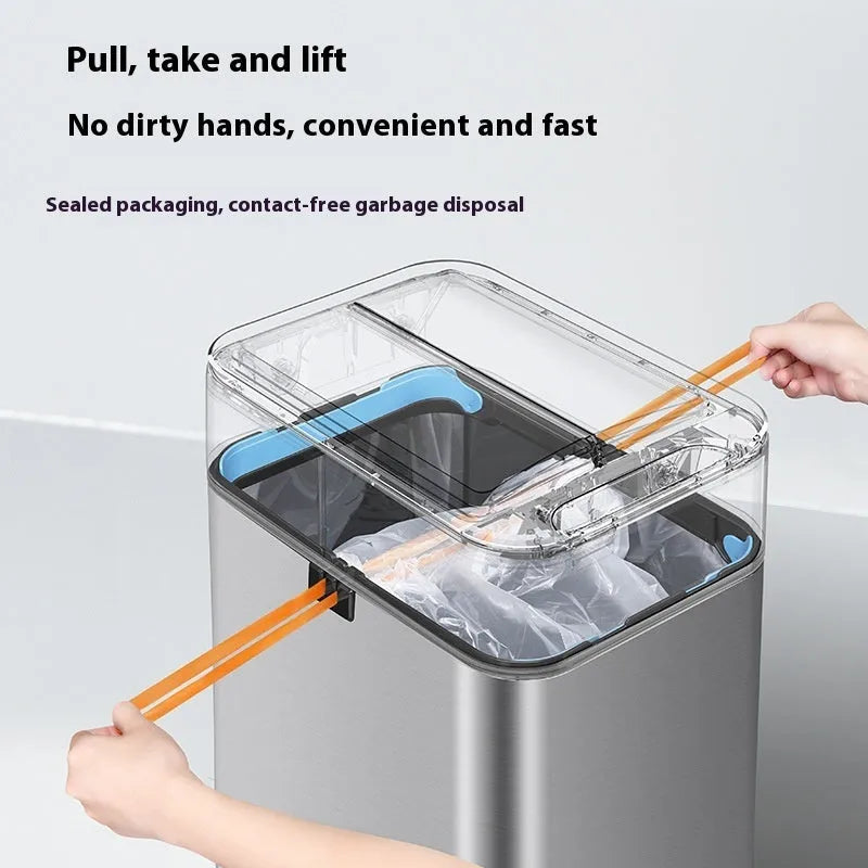 Square inductive smart trash can in stainless steel or white with touchless lid and deodorant function