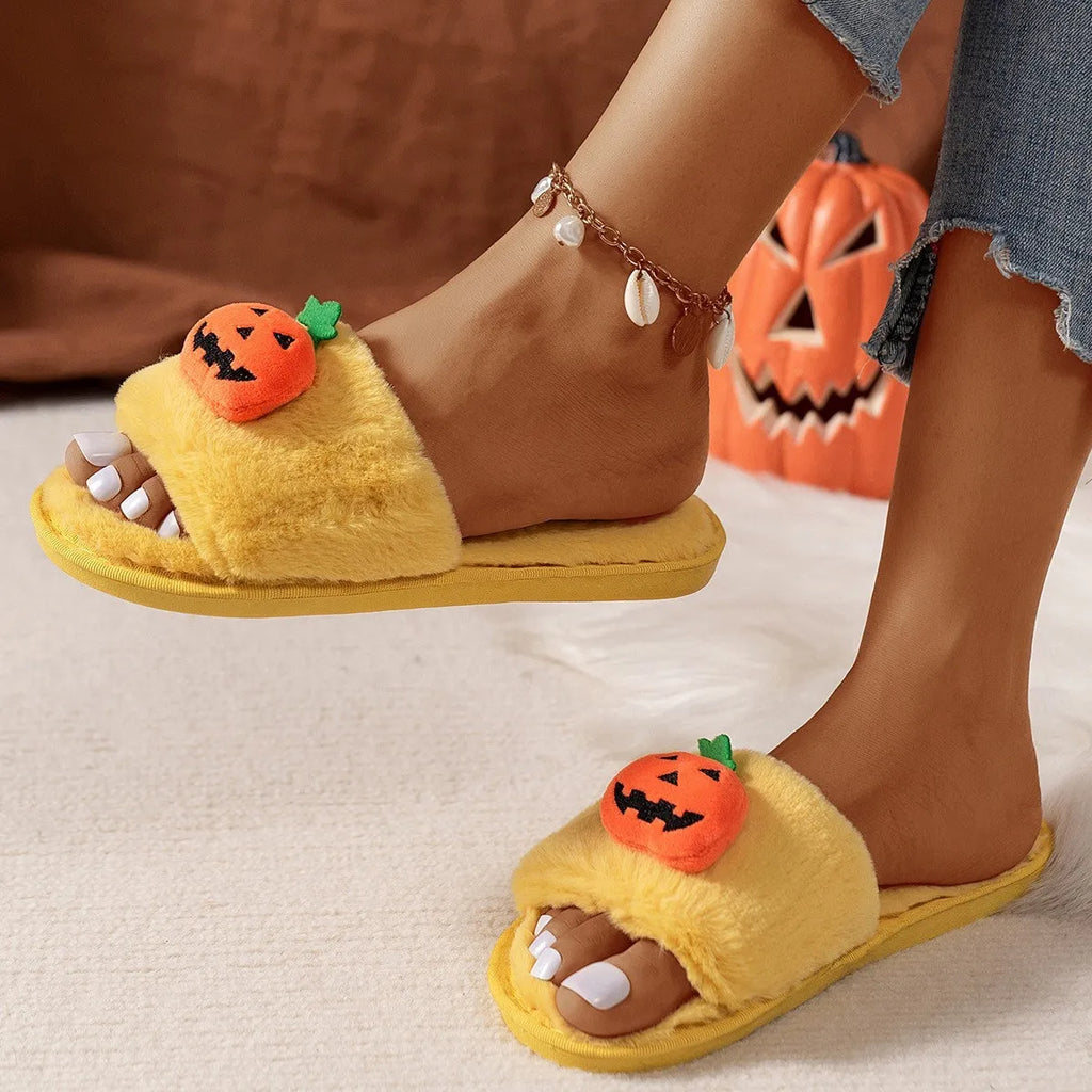 Halloween pumpkin cartoon plush slippers with synthetic fur upper and PVC sole in white or yellow