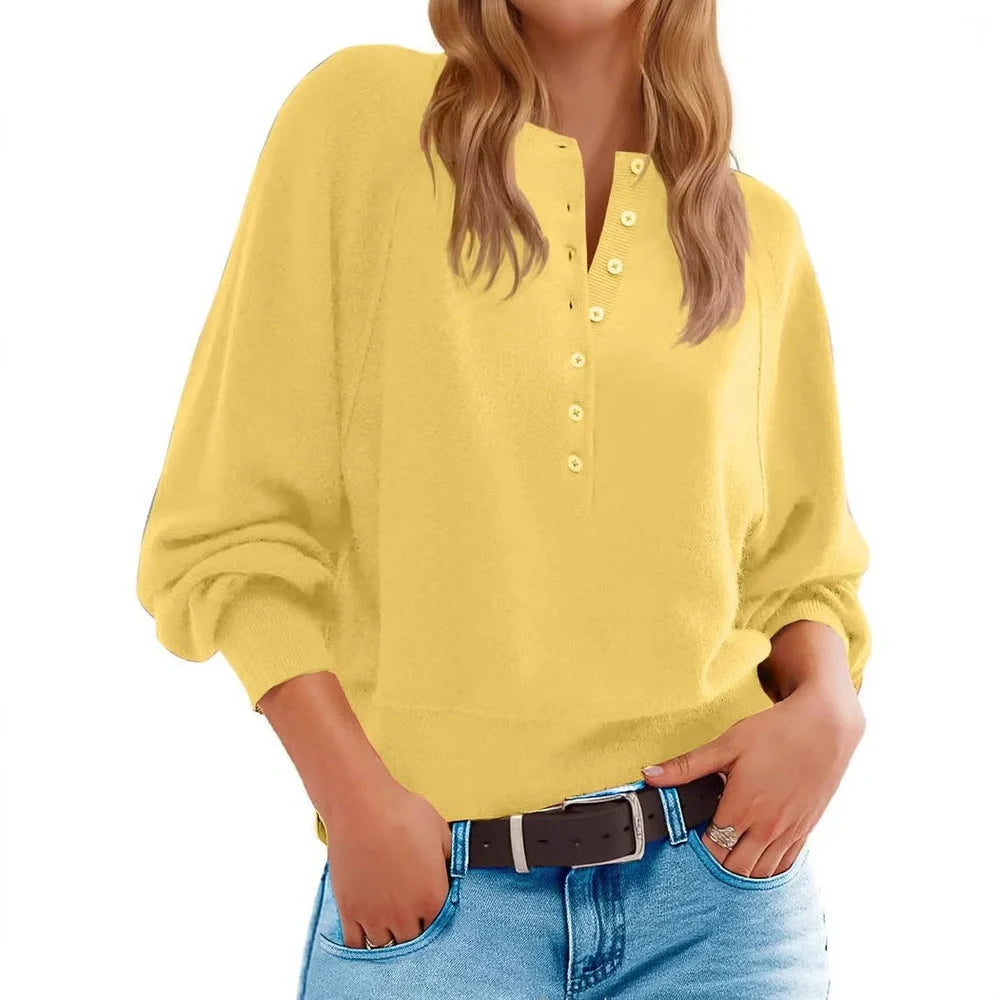 Women's knitted V-neck sweater with loose lantern sleeves in Army Green colour