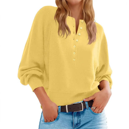 Women's knitted V-neck sweater with loose lantern sleeves in Army Green colour