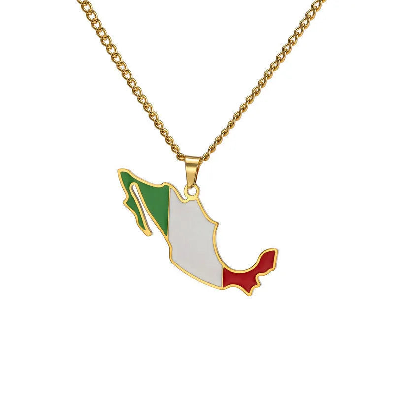 Countries map drop oil necklace pendant in titanium steel with O-ring chain gold colour
