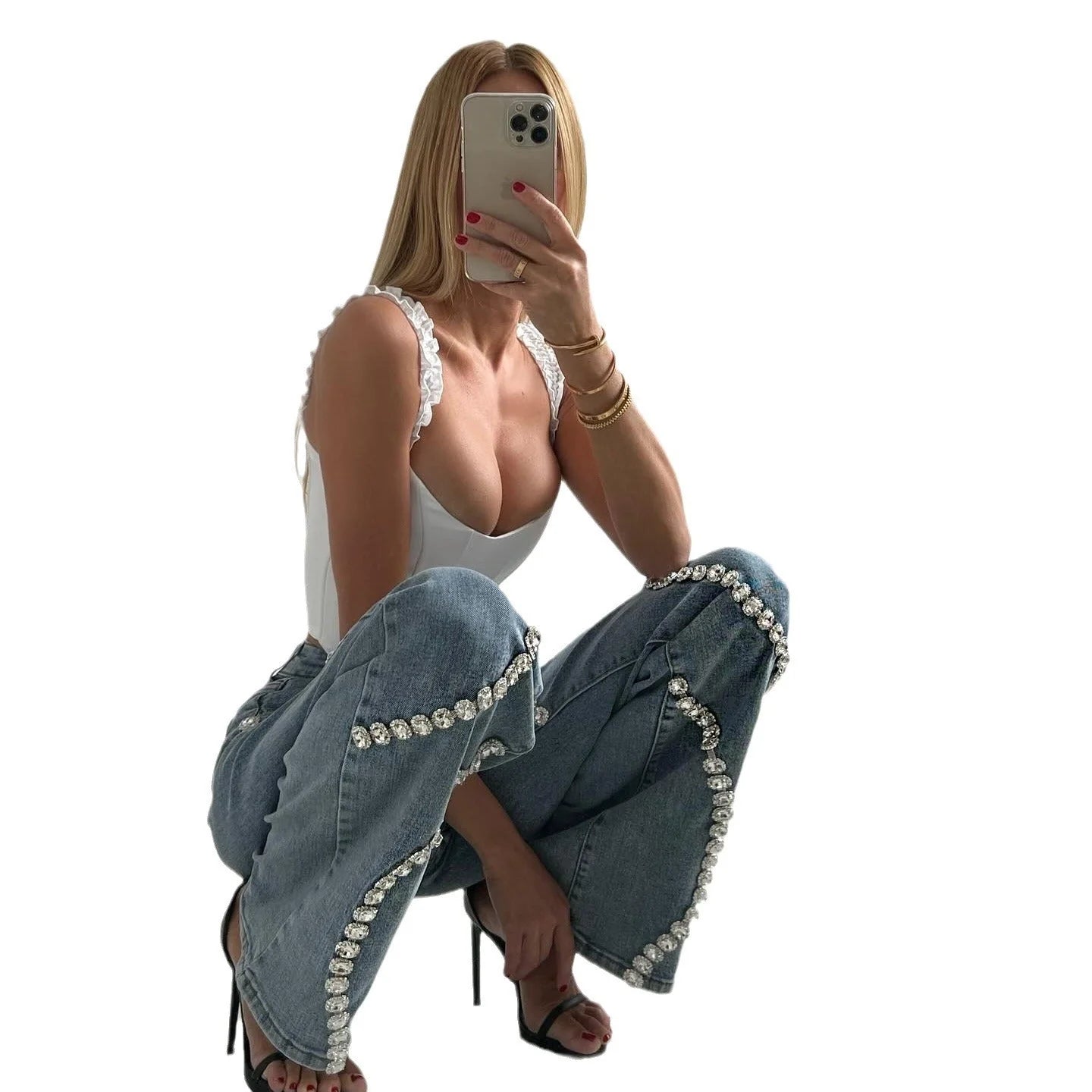 Women's loose straight leg jeans with rhinestone denim design in blue