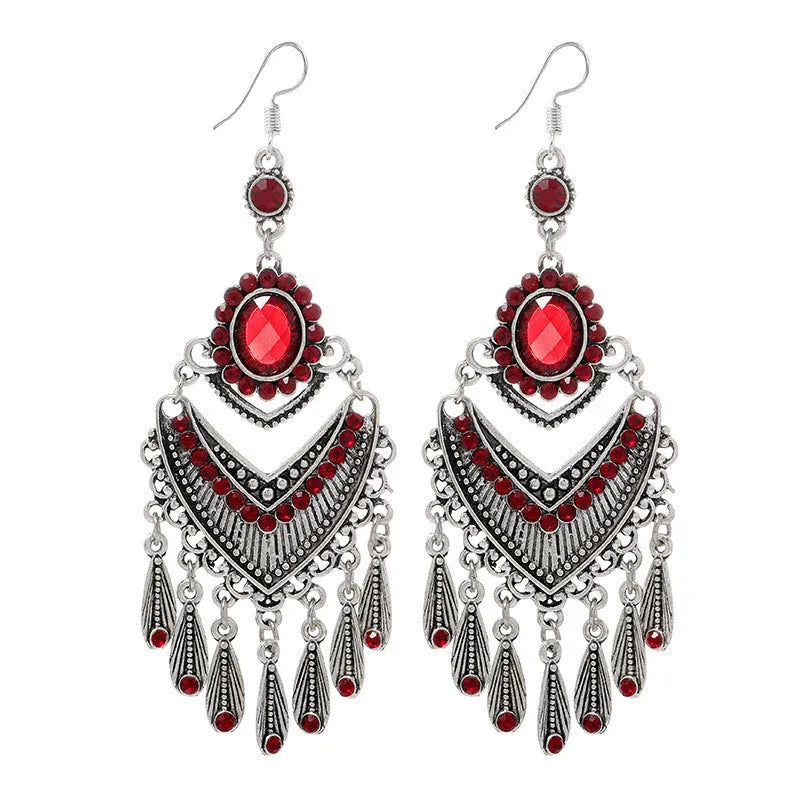 Purple water drop shaped retro earrings with long fringe detailing and ethnic style elements
