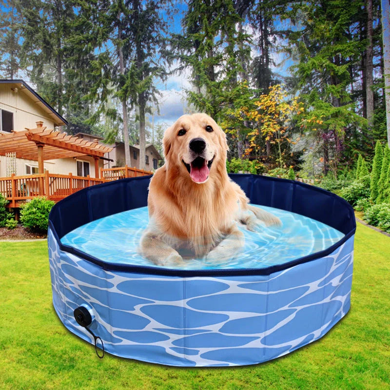 Collapsible dog pool in blue water pattern and red sea wave designs, perfect for pets and kids