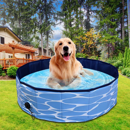 Collapsible dog pool in blue water pattern and red sea wave designs, perfect for pets and kids