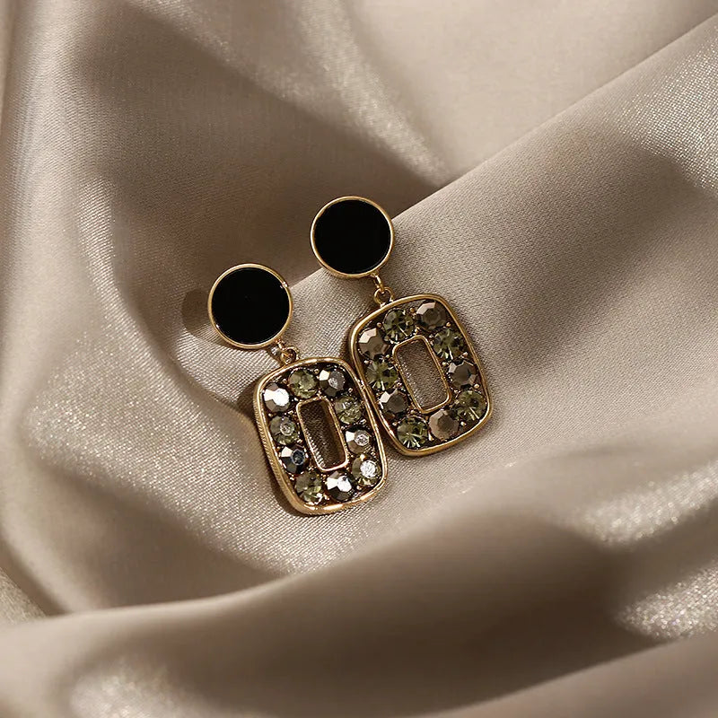 Women's retro crystal square earrings with rhinestones, silver needle post, electroplating alloy, Japanese Korean style
