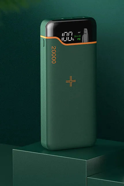 Portable power bank 20000mAh with 22.5W fast charging and 15W wireless charging in retro green colour