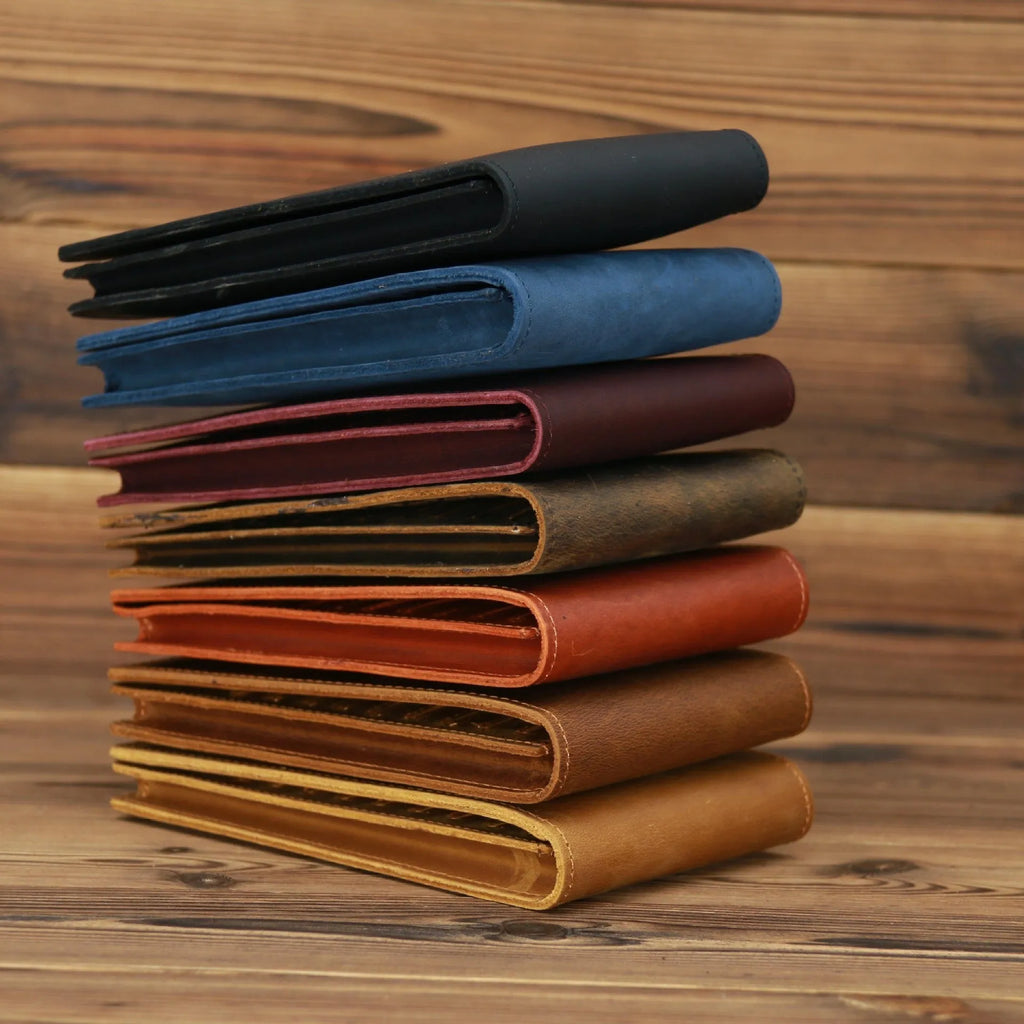 Men's cowhide card wallet with multiple slots shown open, displaying card and phone compartments.