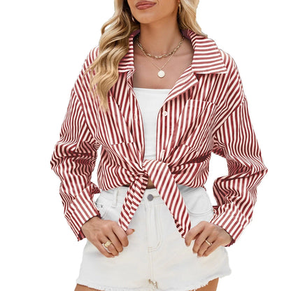 Stylish striped shirt with pockets, featuring a comfortable loose fit and unique collage design for fashion-forward casual wear.