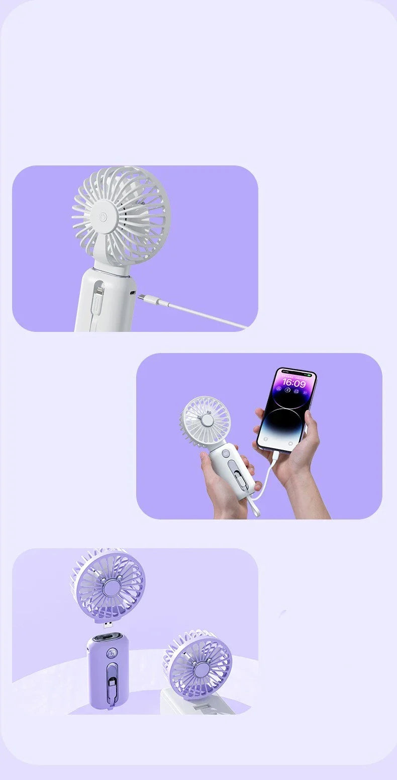 A versatile 2-in-1 handheld fan with power bank capabilities, featuring adjustable wind speeds and a compact, portable design for on-the-go cooling and charging