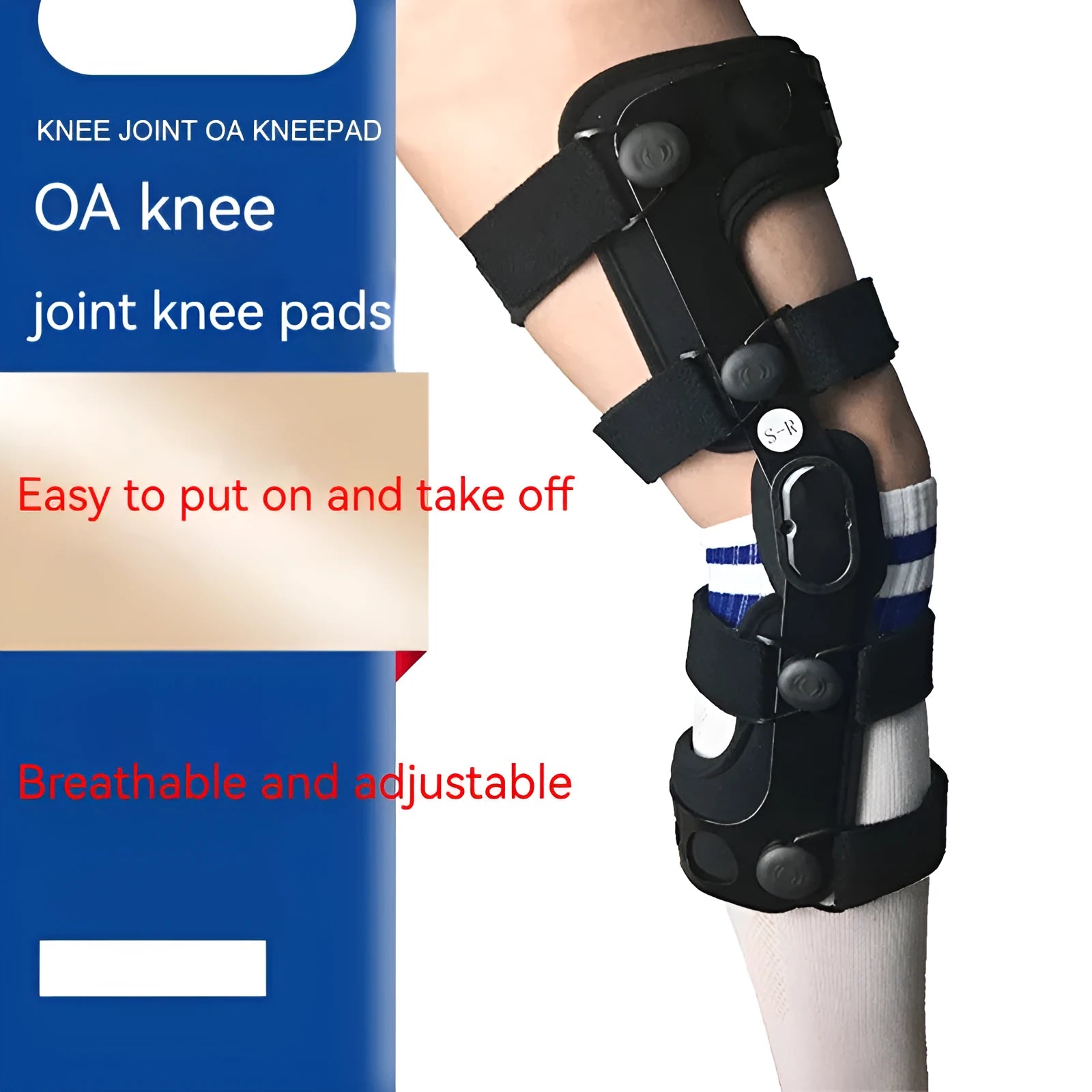 Black anterior ligament knee supporter with adjustable straps and hinge joints shown in size M-R format