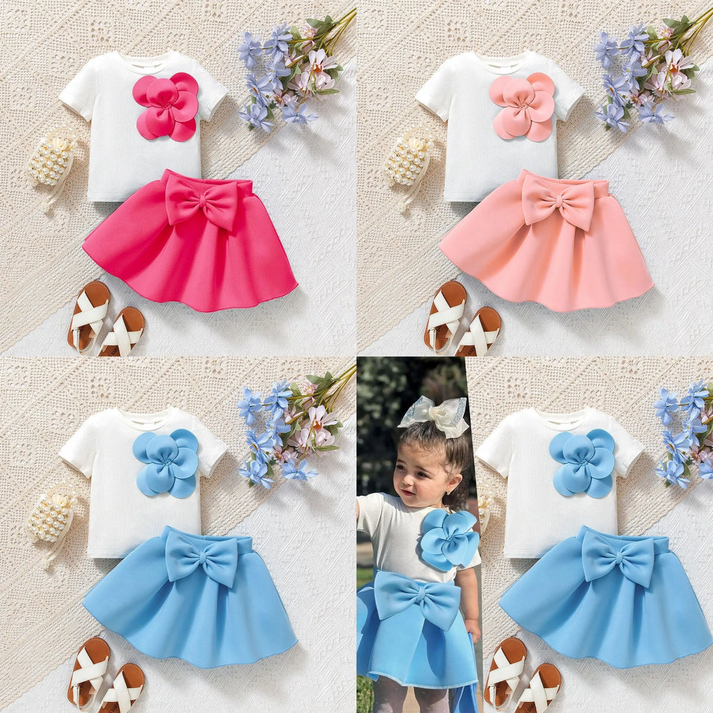 Baby girls flower print short sleeves top with bow puff skirt set in pink colour on child