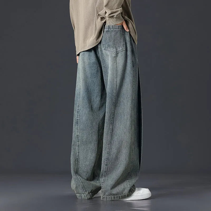 Retro patchwork washed oversized jeans men cotton black blue gray blue plus size trousers