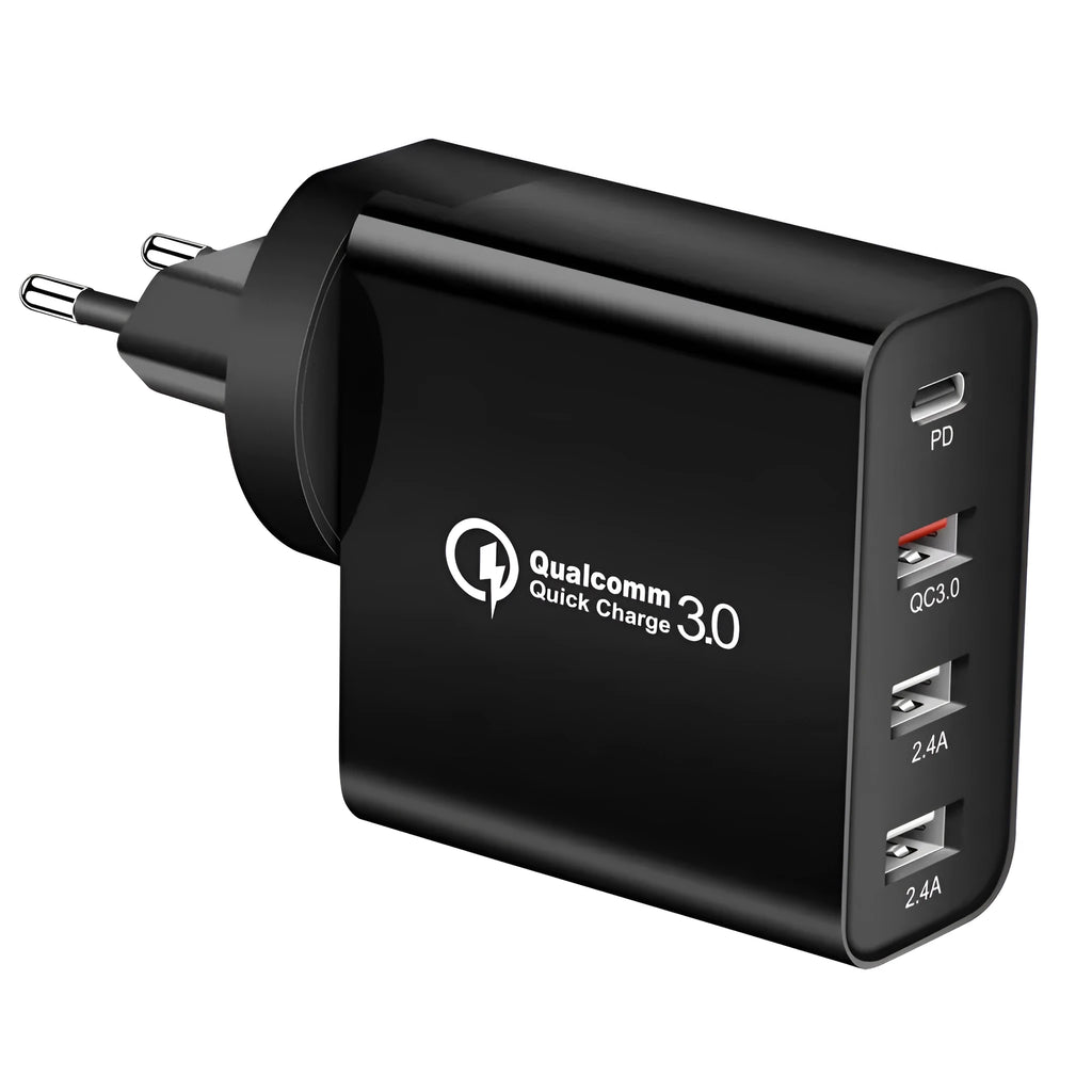 White USB fast wall charger with multiple ports and international plug adapters.