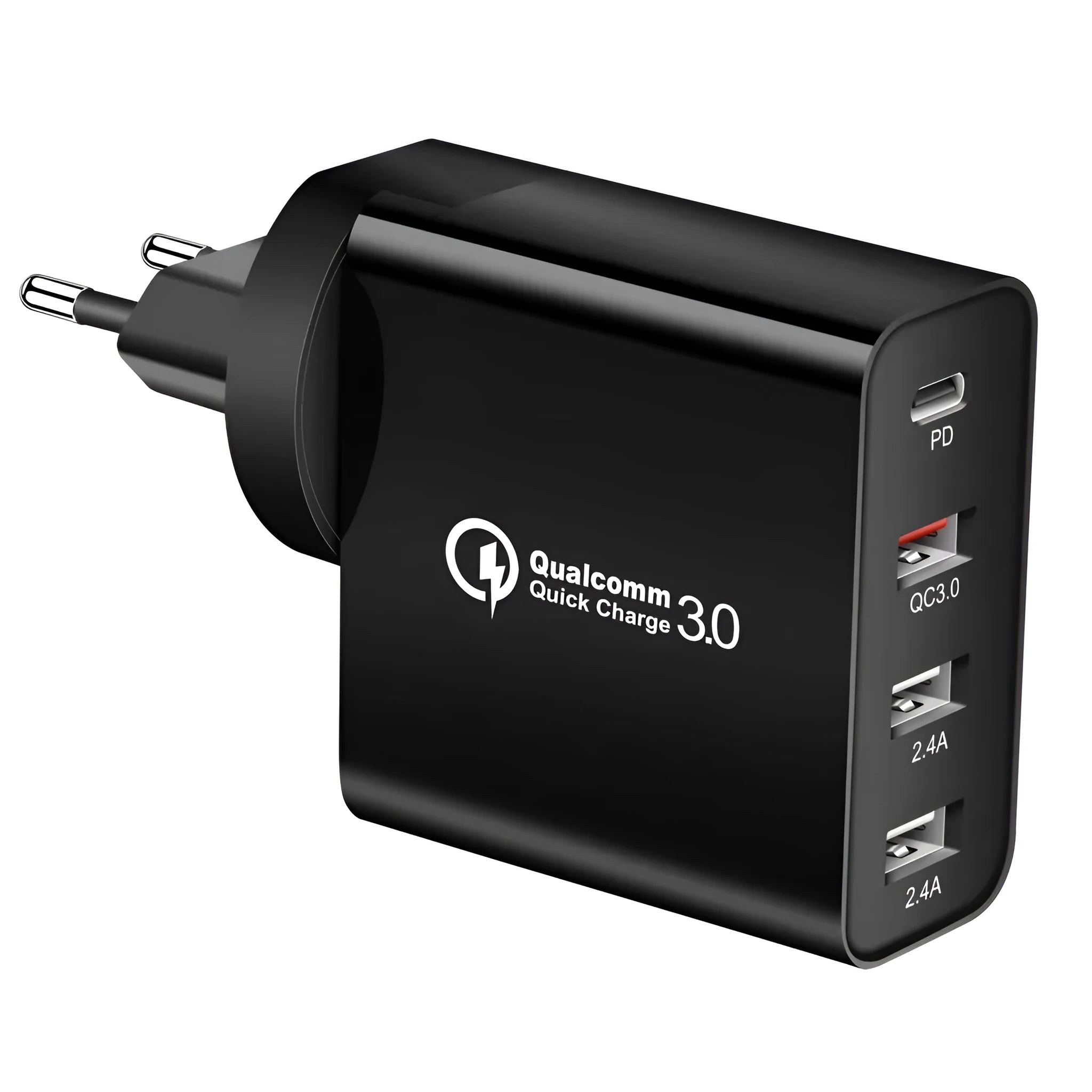 White USB fast wall charger with multiple ports and international plug adapters.