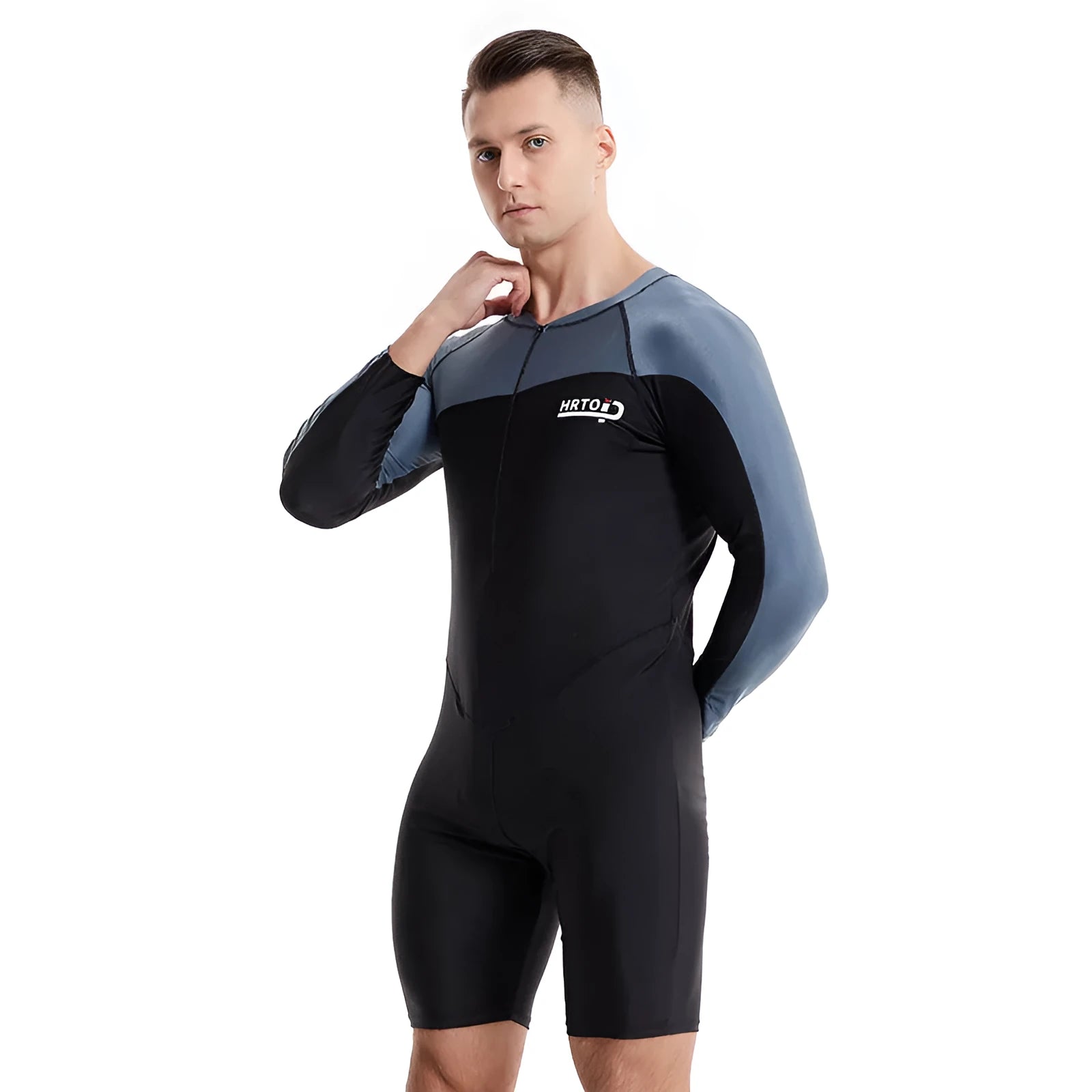 Men's professional diving one-piece swimsuit in black and gray shark skin style