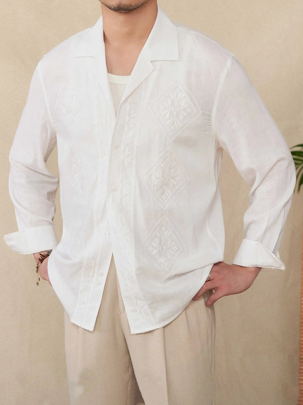 Cotton and linen thin embroidery Cuban collar long sleeve sunscreen shirt in white on a plain background