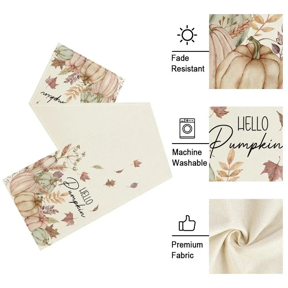 Beige polyester Thanksgiving table runner with floral pattern, size 33x183cm, on a wooden table