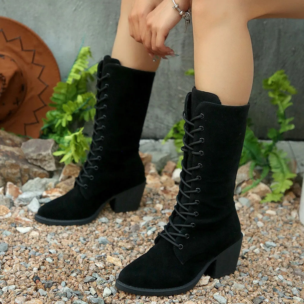Women's black suede lace-up chunky heel boots, mid-calf pointed toe, height increase