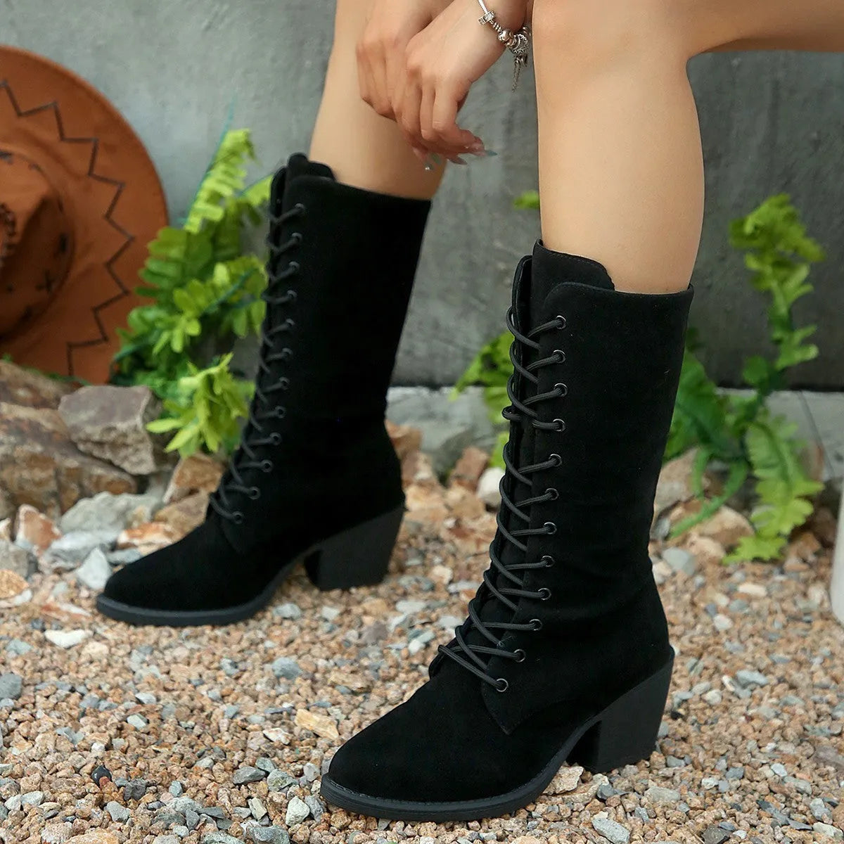 Women's black suede lace-up chunky heel boots, mid-calf pointed toe, height increase