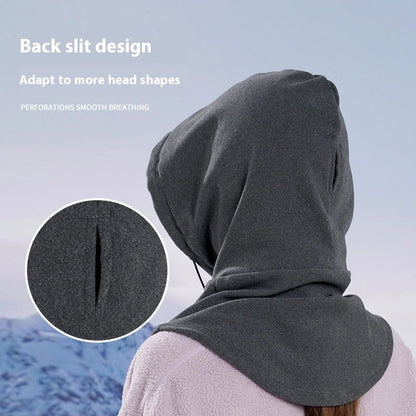 Versatile thermal fleece scarf in various colors, including black, dark gray, light gray, and pink, with adjustable drawstring and transformable design