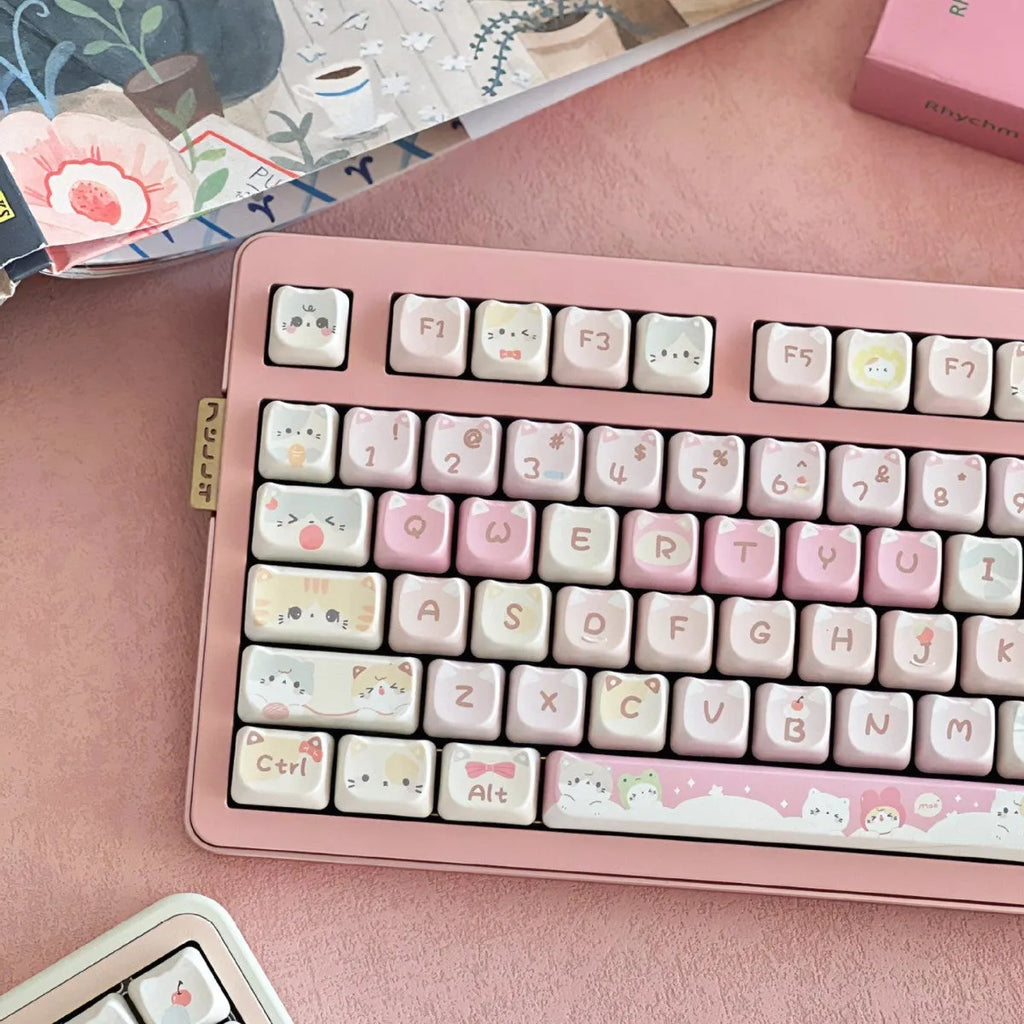 Meow Meow Team character mechanical keyboard key cap set with 141 pieces showing five-sided sublimation printing