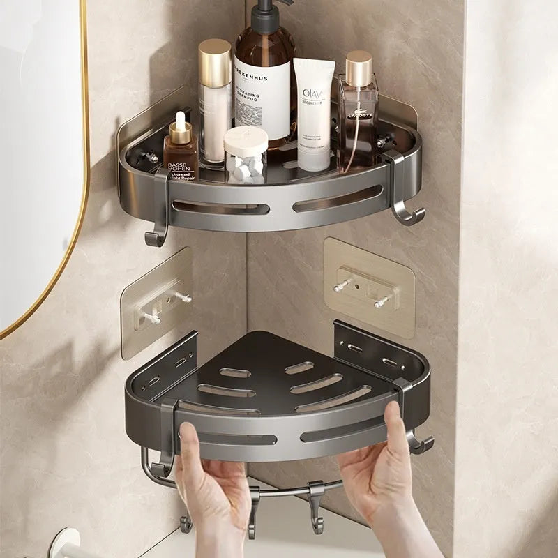 Gun gray triangle bathroom storage rack mounted in corner with punch-free installation