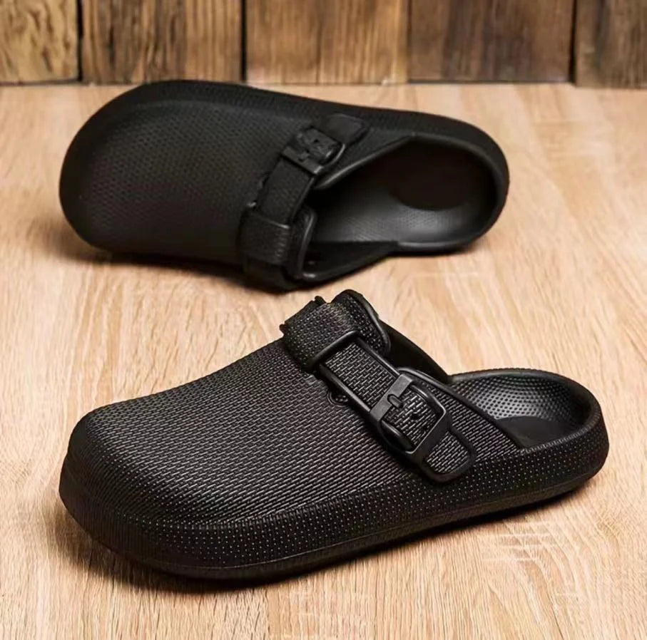 Lightweight EVA indoor home slippers in black, gray, and white