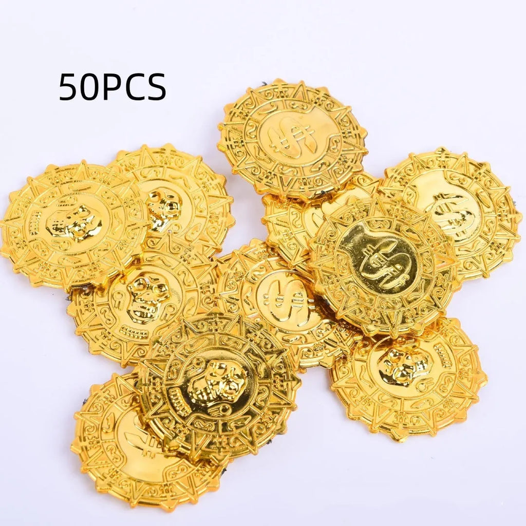 Plastic pirate gold coin toy with pointed tip measuring 3.6cm diameter