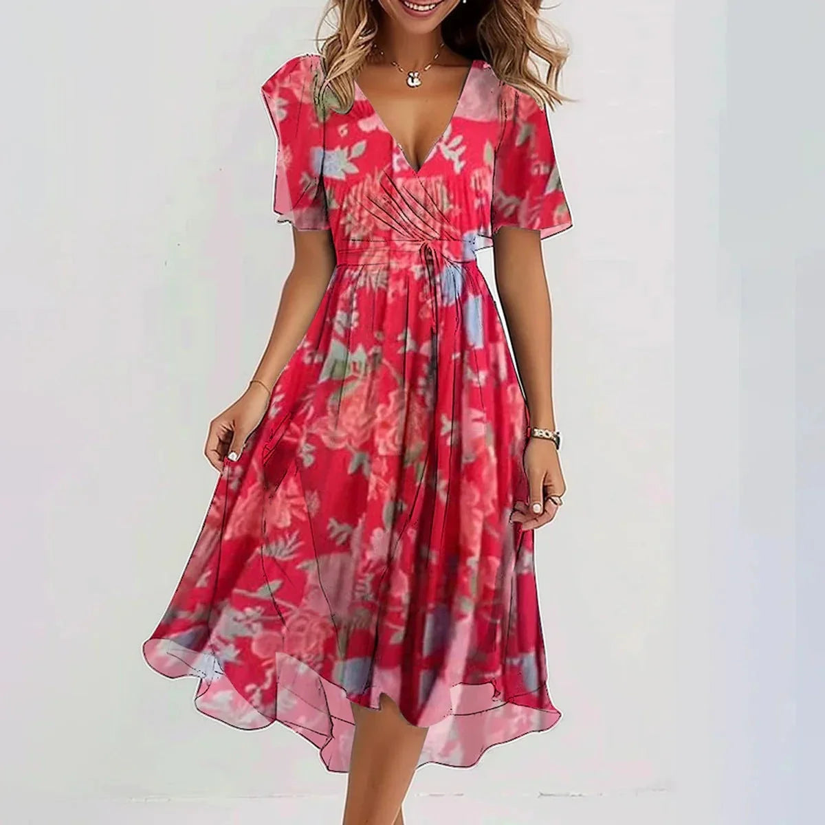 Chiffon printed short sleeve dress with V-neck for summer in various colours