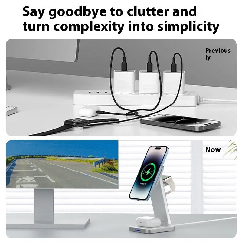 Folding alloy three-in-one wireless charger with magnetic support and digital display in black