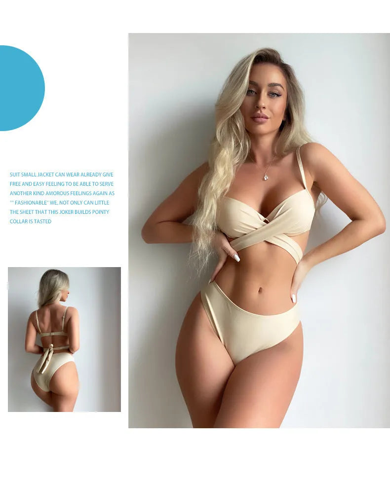 Three-piece backless push-up bikini set in solid colour with matching top, panties, and skirt