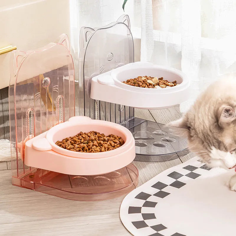 Grey cat feeding bowl with anti-spill cat ears design and adjustable height mechanism