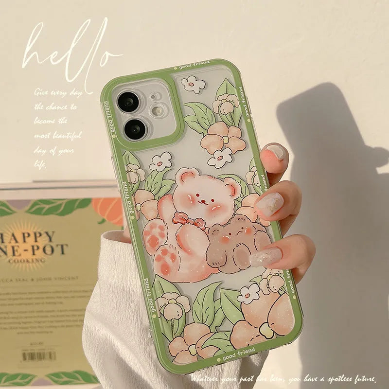 Transparent TPU phone case with hand-painted bear and floral design for iPhone 13