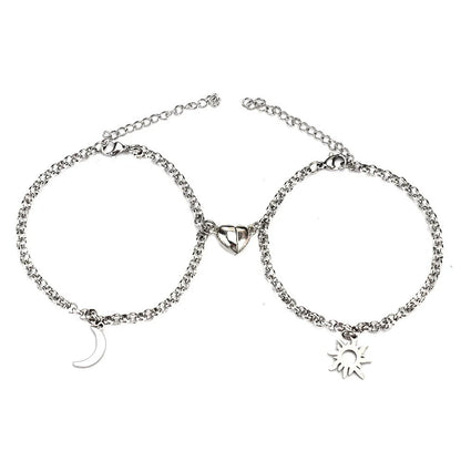 Sun Moon Charm Stainless Steel Couple Bracelets in NK, O type, and pearl colors