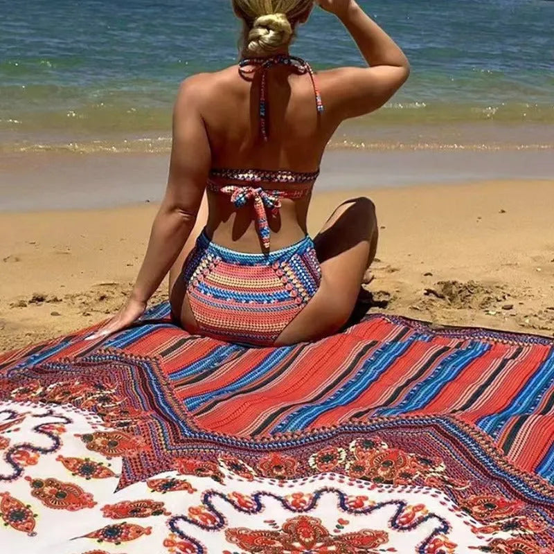 Women's three-piece swimsuit set showing a cutout blouse, high-waist briefs, and a matching coat.