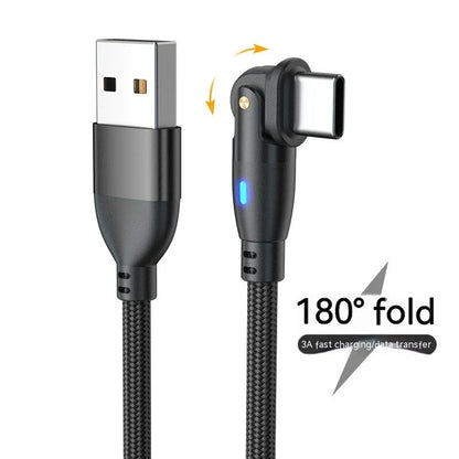 180-degree bendable fast charge data cable in black, red, and purple